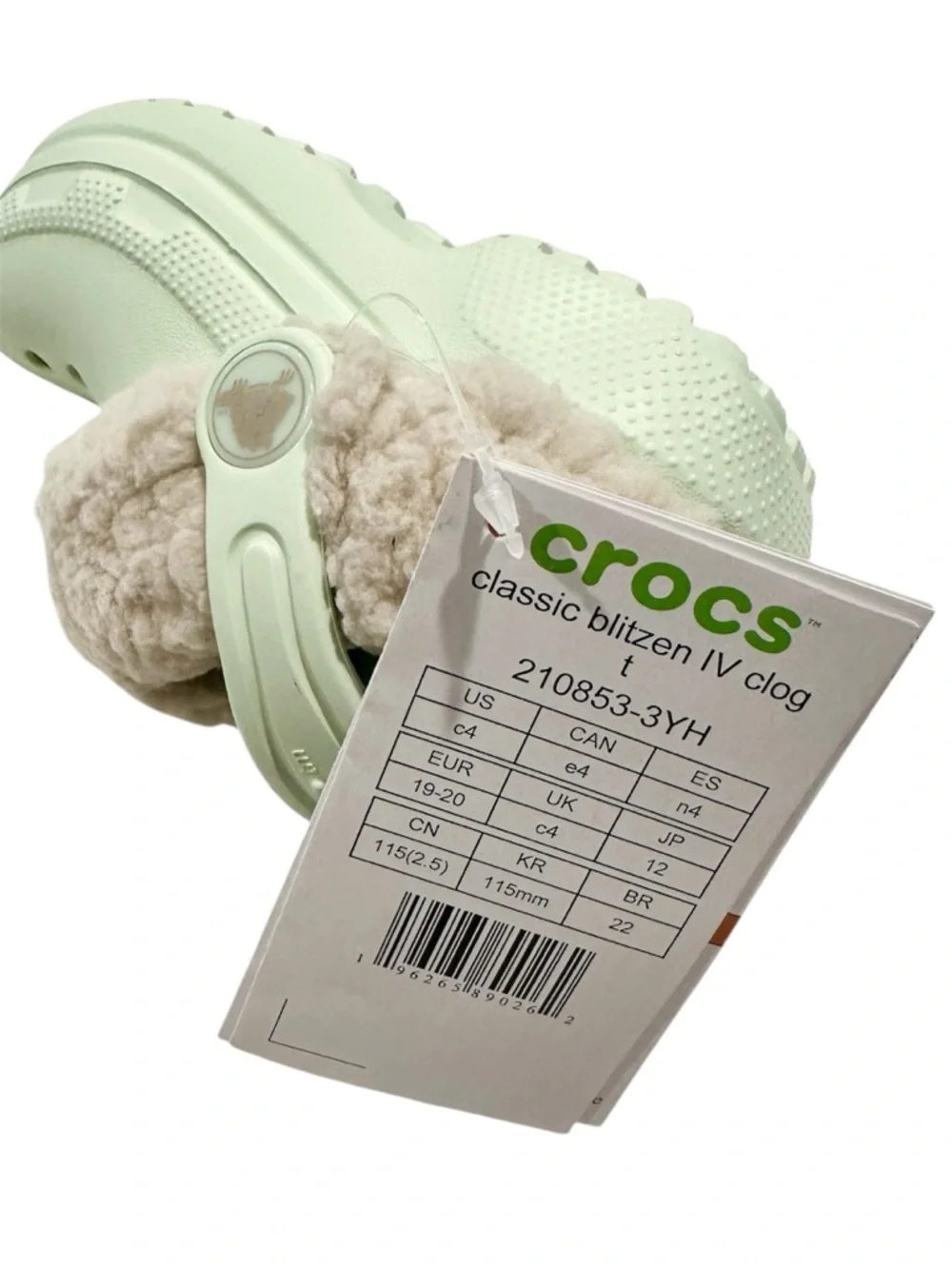 NWT Crocs Classic Blitzen IV Clog K Lime Green Fuzzy Lined Kids Shoes - Size: C4